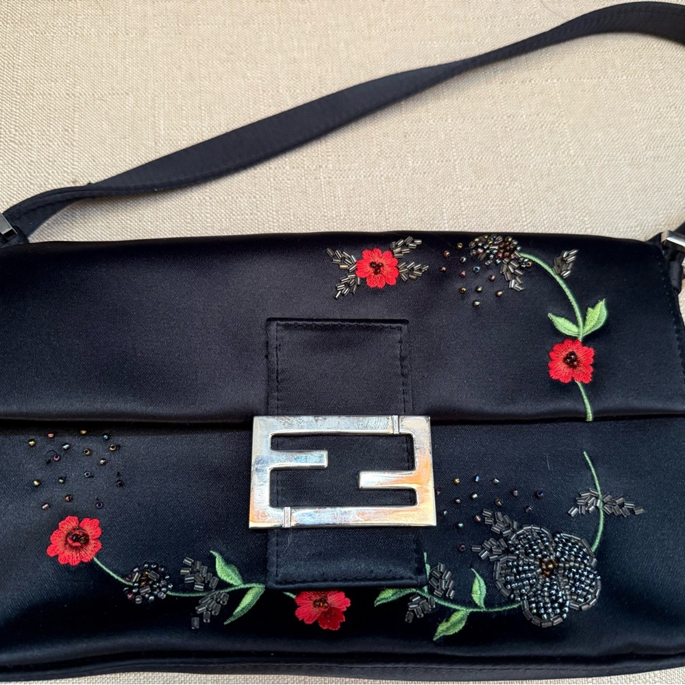 Black and Red Floral Embroidered and Beaded Shoulder Bag